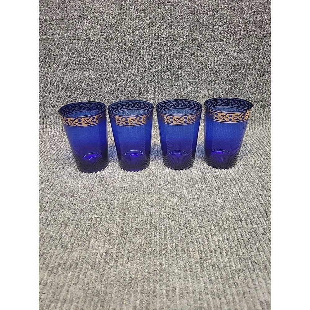 Vintage Cobalt Blue Gold Border Glasses‎ MCM -Set of 4